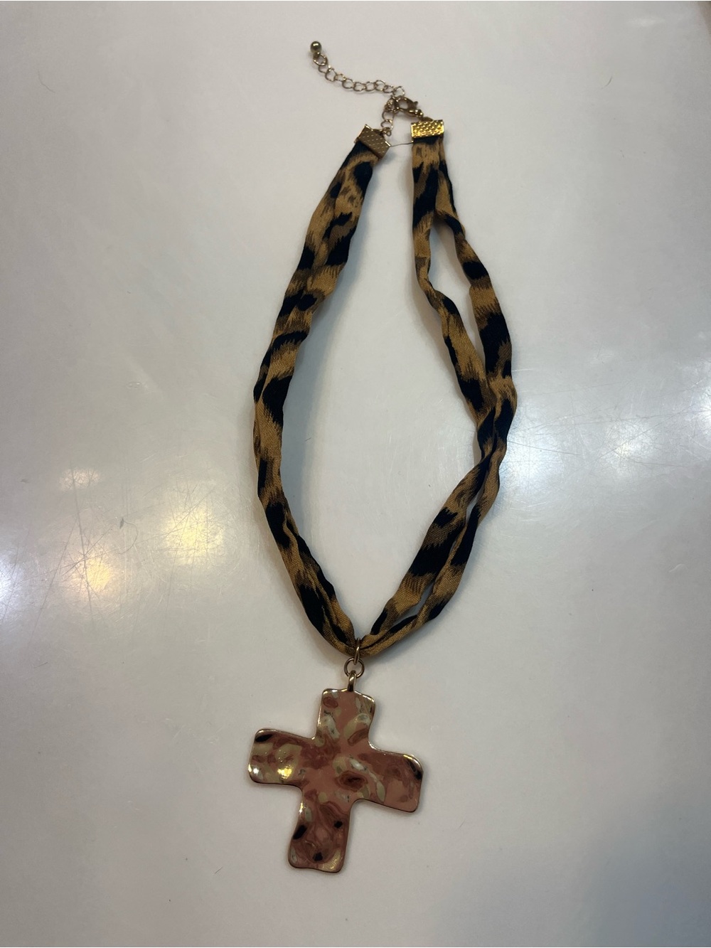 Leopard-Print Fabric Necklace with Gold-Toned Cross Pendant